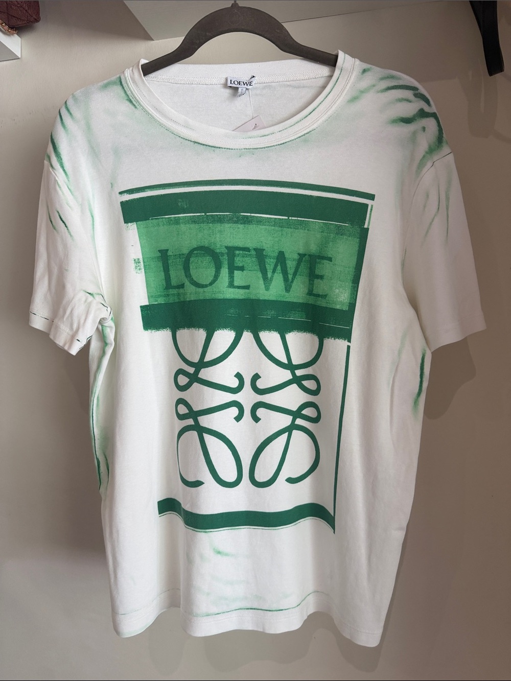 Loewe White T-Shirt with Bold Green Logo Panel